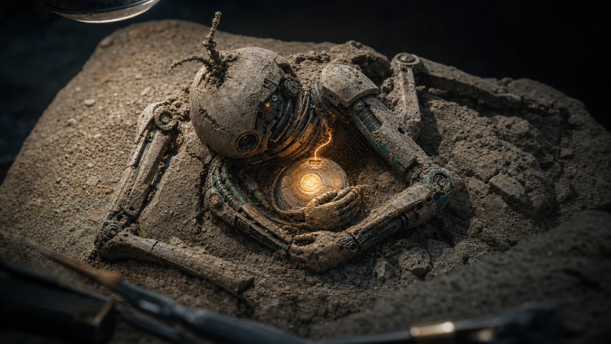 The Last Courier uncovered in sediment, curled around its glowing capsule, excavation tools at the edge of the pit