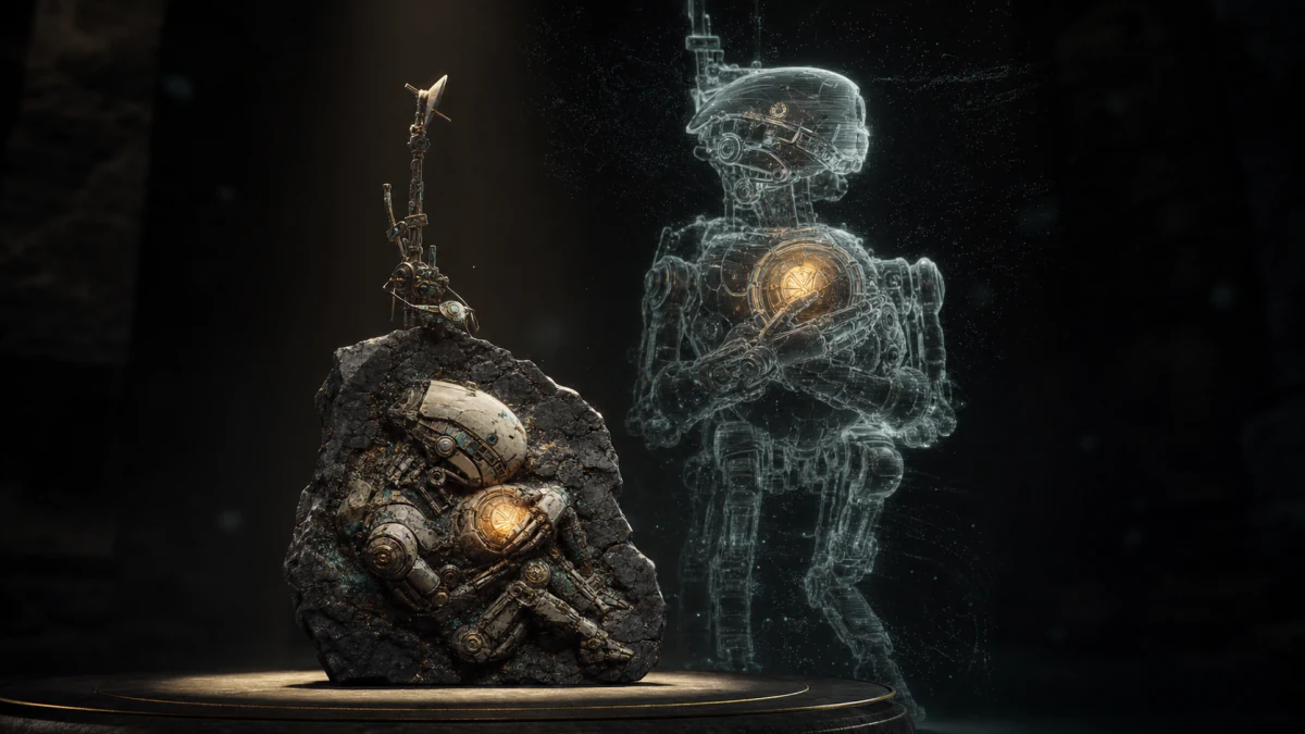 Museum plinth with the fossil slab of the courier; behind it, a holographic reconstruction of the intact machine stands upright, holding its capsule