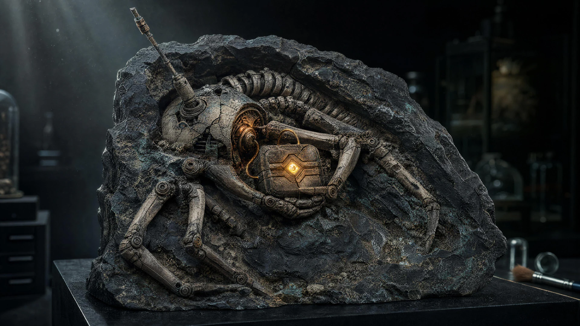 The Last Courier: a mineralised courier robot fossilised in a slab of dark stone on a conservation bench, its skeletal arms cradling a sealed capsule that still glows amber
